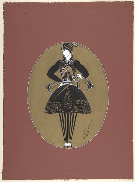 Man's Costume Design in Black and Gold  for "Prince Amoureux," George White's Scandals, New York, Erté (Romain de Tirtoff) (French (born Russia), St. Petersburg 1892–1990 Paris), Gouache and metallic paint 