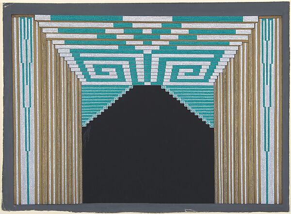 Stage Set Design with Green and White Geometric Pattern for "Les Spectacles," George White's Scandals, New York, Erté (Romain de Tirtoff) (French (born Russia), St. Petersburg 1892–1990 Paris), Gouache and metallic paint 