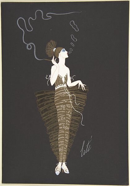 Dress designs for "The American Millionairess," Paris, 1917., Erté (Romain de Tirtoff) (French (born Russia), St. Petersburg 1892–1990 Paris), Gouache and metallic paint 