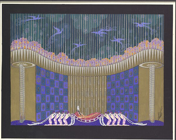 Stage set design for "The Queen of Sheba," 1928, Erté (Romain de Tirtoff) (French (born Russia), St. Petersburg 1892–1990 Paris), Gouache and metallic paint