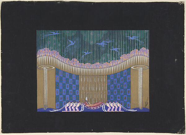 Stage set design for "The Queen of Sheba," 1928, Erté (Romain de Tirtoff) (French (born Russia), St. Petersburg 1892–1990 Paris), Gouache and metallic paint 