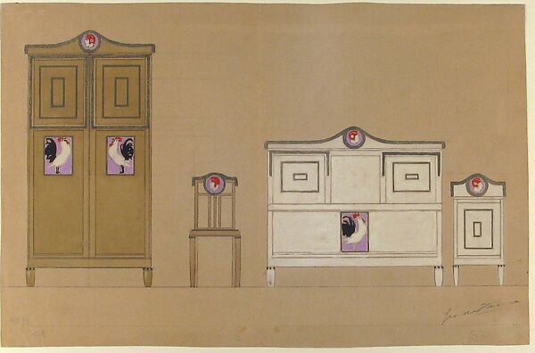 Furniture Designs: Wardrobe, Chair, Bureau and Washstand, Georges de Feure (French, Paris 1868–1943 Paris), Watercolor
