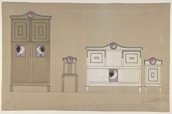 Furniture Designs: Wardrobe, Chair, Bureau and Washstand, Georges de Feure (French, Paris 1868–1943 Paris), Watercolor 