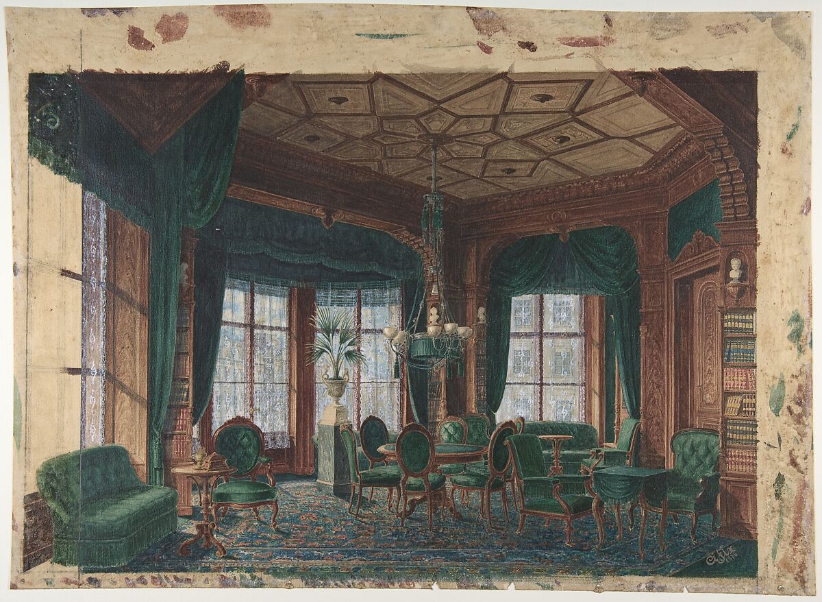 Interior of a Smoking-Room or Club-Room, A. Fix (French), Watercolor and gouache over graphite 