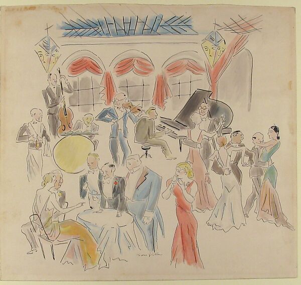 Club El Patio, Tsuguharu Foujita (French (born Japan), Tokyo 1886–1968 Zurich), Watercolor, pen and ink, and black crayon