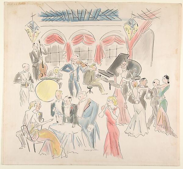 Club El Patio, Tsuguharu Foujita (French (born Japan), Tokyo 1886–1968 Zurich), Watercolor, pen and ink, and black crayon 