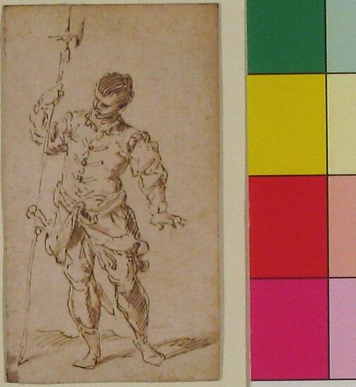 Soldier with Halberd, Attributed to Claude Gillot (French, Langres 1673–1722 Paris), Pen and brown ink, brush and brown wash
