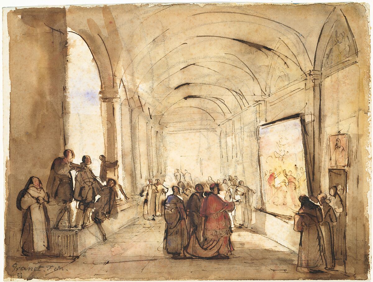 A Cardinal Examining a Painting in a Cloister, François Marius Granet (French, Aix-en-Provence 1775–1849 Aix-en-Provence), Pen and brown ink, brush and brown wash, watercolor, over black chalk