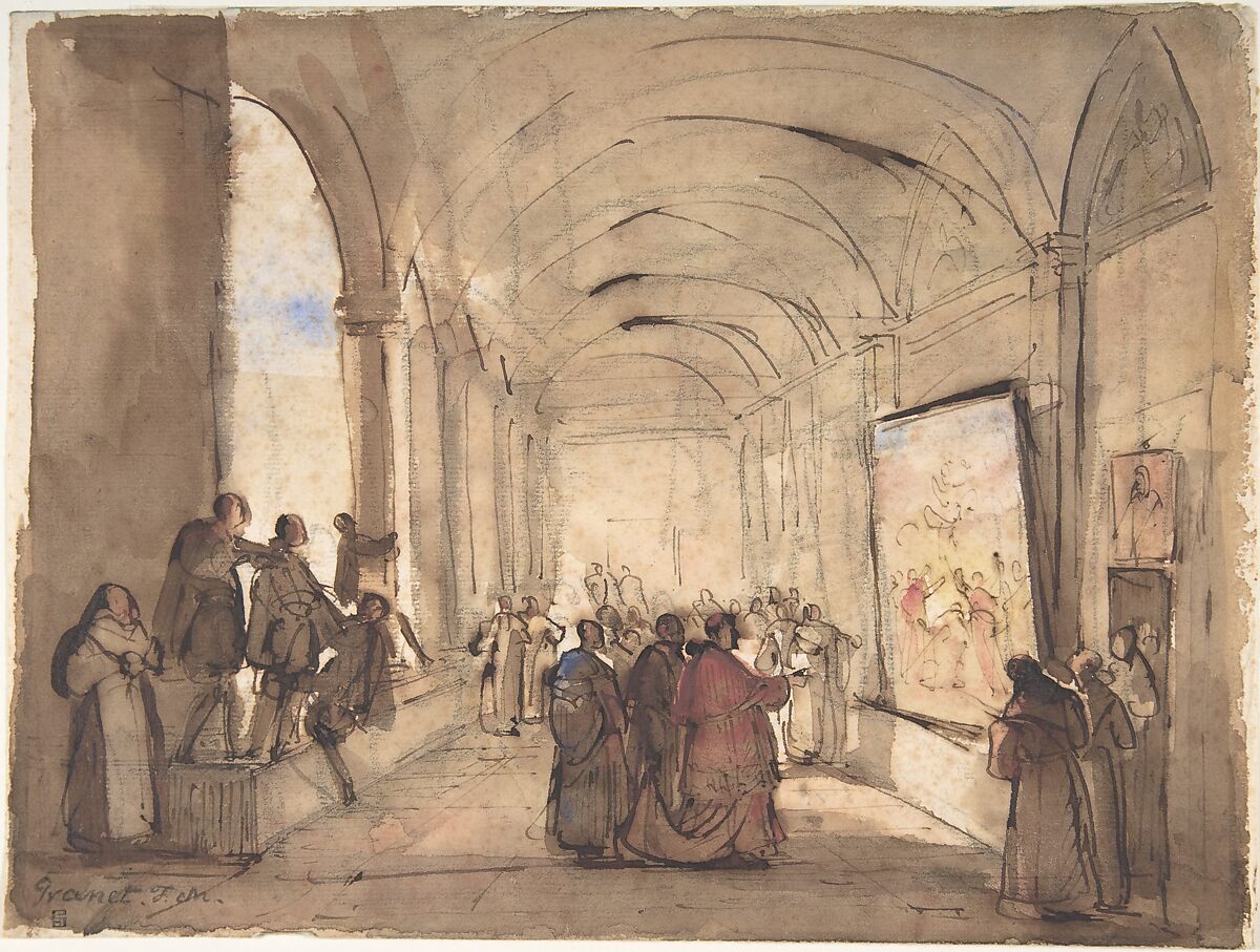A Cardinal Examining a Painting in a Cloister, François Marius Granet  French, Pen and brown ink, brush and brown wash, watercolor, over black chalk