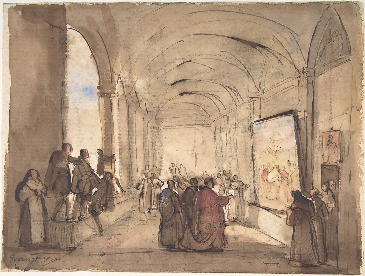 A Cardinal Examining a Painting in a Cloister, François Marius Granet (French, Aix-en-Provence 1775–1849 Aix-en-Provence), Pen and brown ink, brush and brown wash, watercolor, over black chalk 