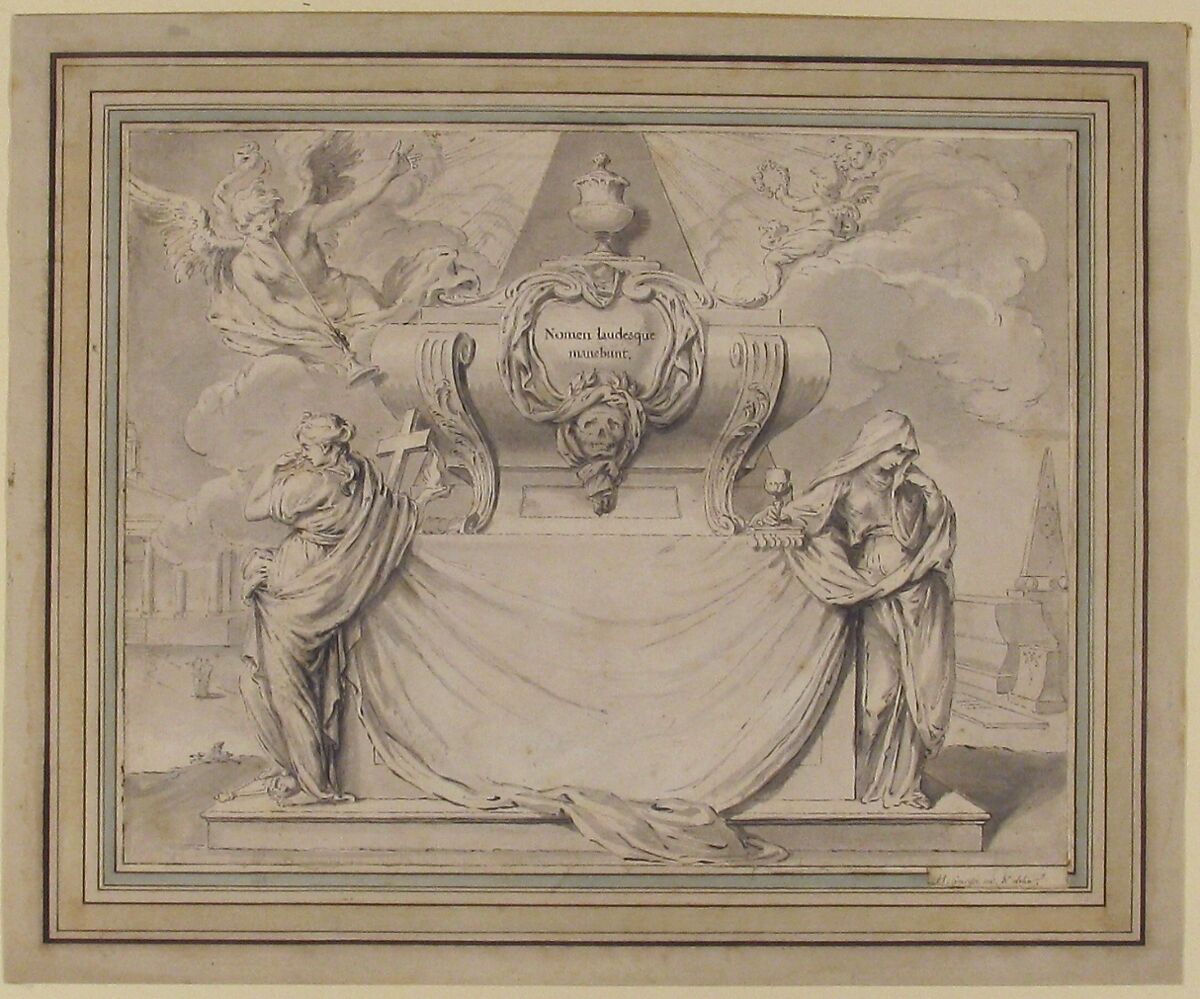 Design for a Funeral Ticket, Hubert François Gravelot (French, Paris 1699–1773 Paris), Pen and gray ink, brush and gray wash; framing lines in pen and gray ink