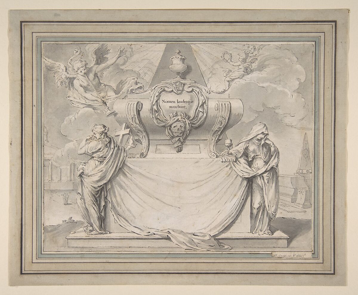 Design for a Funeral Ticket, Hubert François Gravelot (French, Paris 1699–1773 Paris), Pen and gray ink, brush and gray wash; framing lines in pen and gray ink 