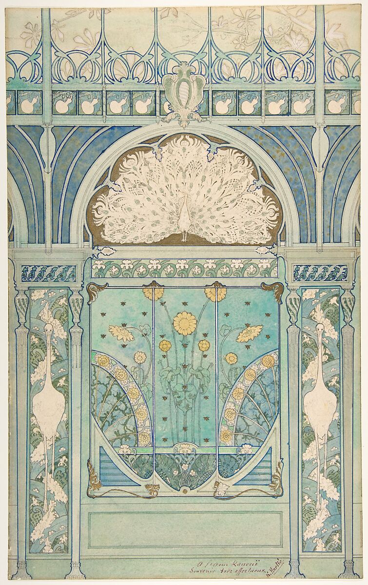 Design for a wall decoration with peacock, cranes, and sunflowers for the restaurant in Hotel Langham (Paris), Emile Hurtré (French, born Nice, active Paris ca. 1890–1900), Pen and black, blue, and metallic ink, watercolor, over graphite 