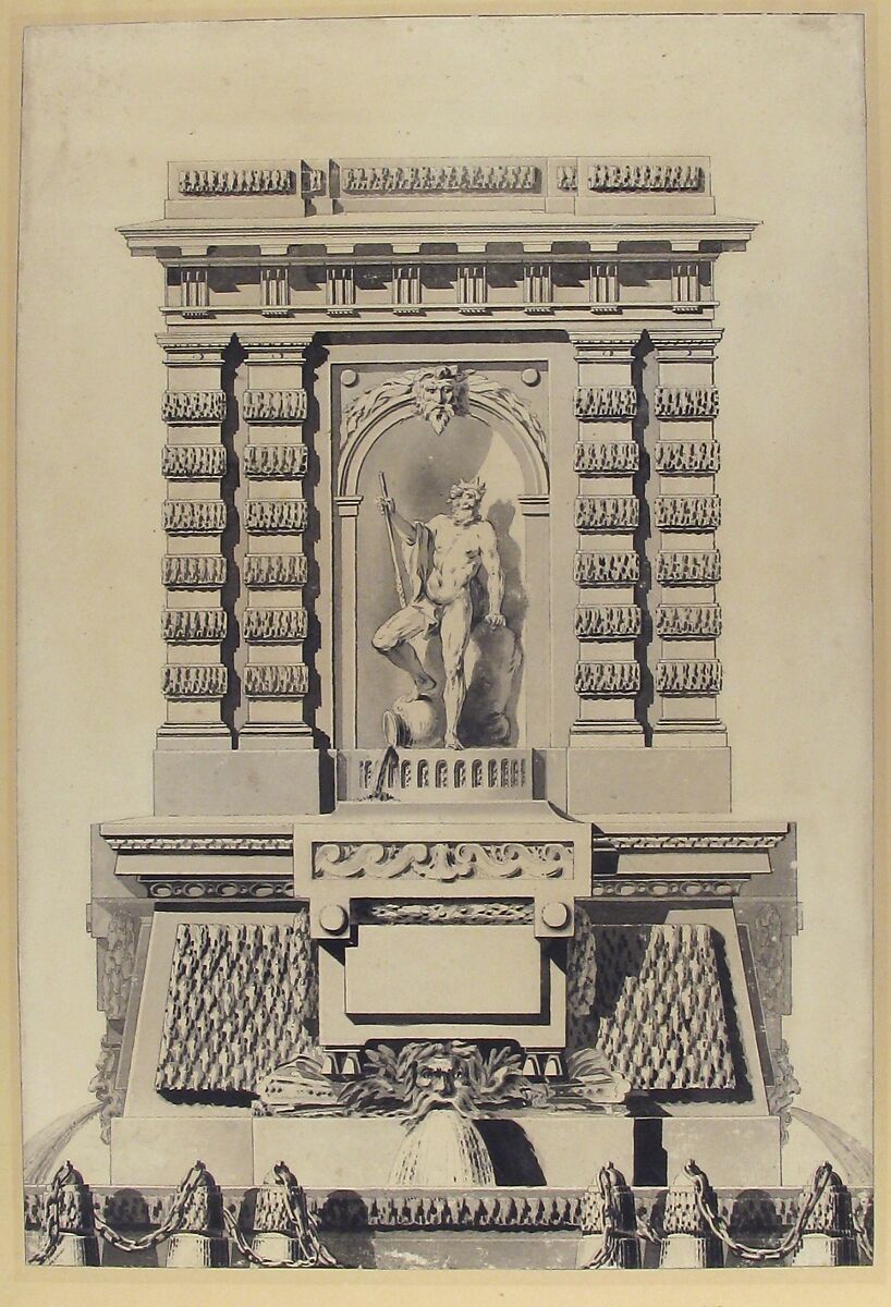 Design for a Monumental Fountain, Attributed to A. Le Canu (French, active Paris, 1750–70), Pen and black ink, brush and gray and black wash