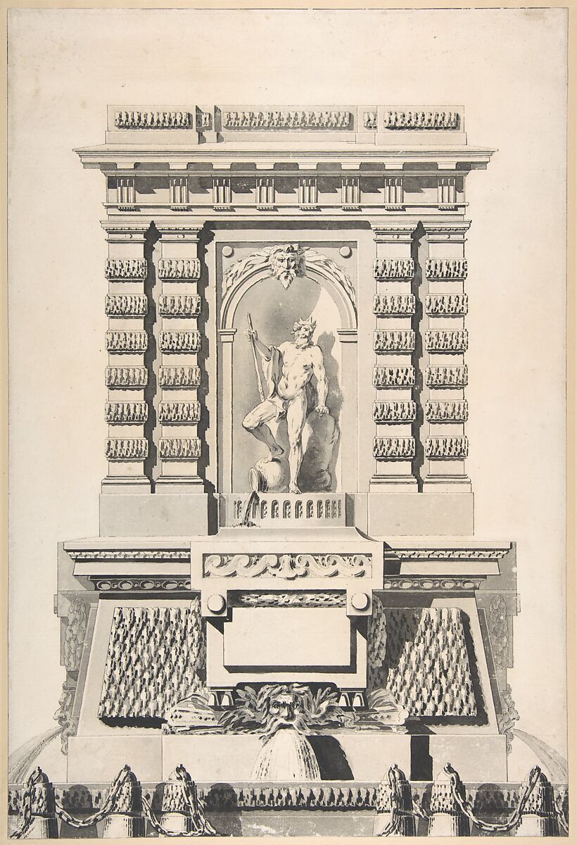Design for a Monumental Fountain, Attributed to Jean Dominique Etienne Le Canu (French, active Paris, 1750–70), Pen and black ink, brush and gray and black wash 