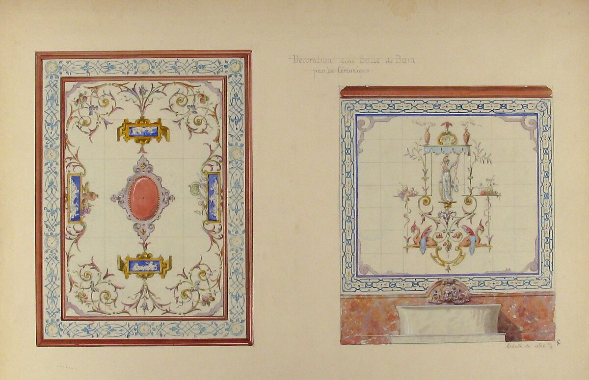 Design for ceramic tile decoration of a bathroom in "Pompeian" manner (possibly for Deepdene, Dorking, Surrey), Jules-Edmond-Charles Lachaise (French, died 1897), Graphite, pen and brown ink, watercolor, and gouache
