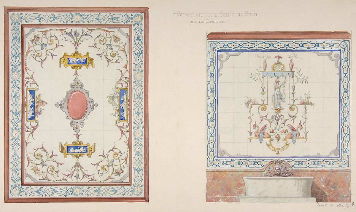 Design for ceramic tile decoration of a bathroom in "Pompeian" manner (possibly for Deepdene, Dorking, Surrey), Jules-Edmond-Charles Lachaise (French, died 1897), Graphite, pen and brown ink, watercolor, and gouache 