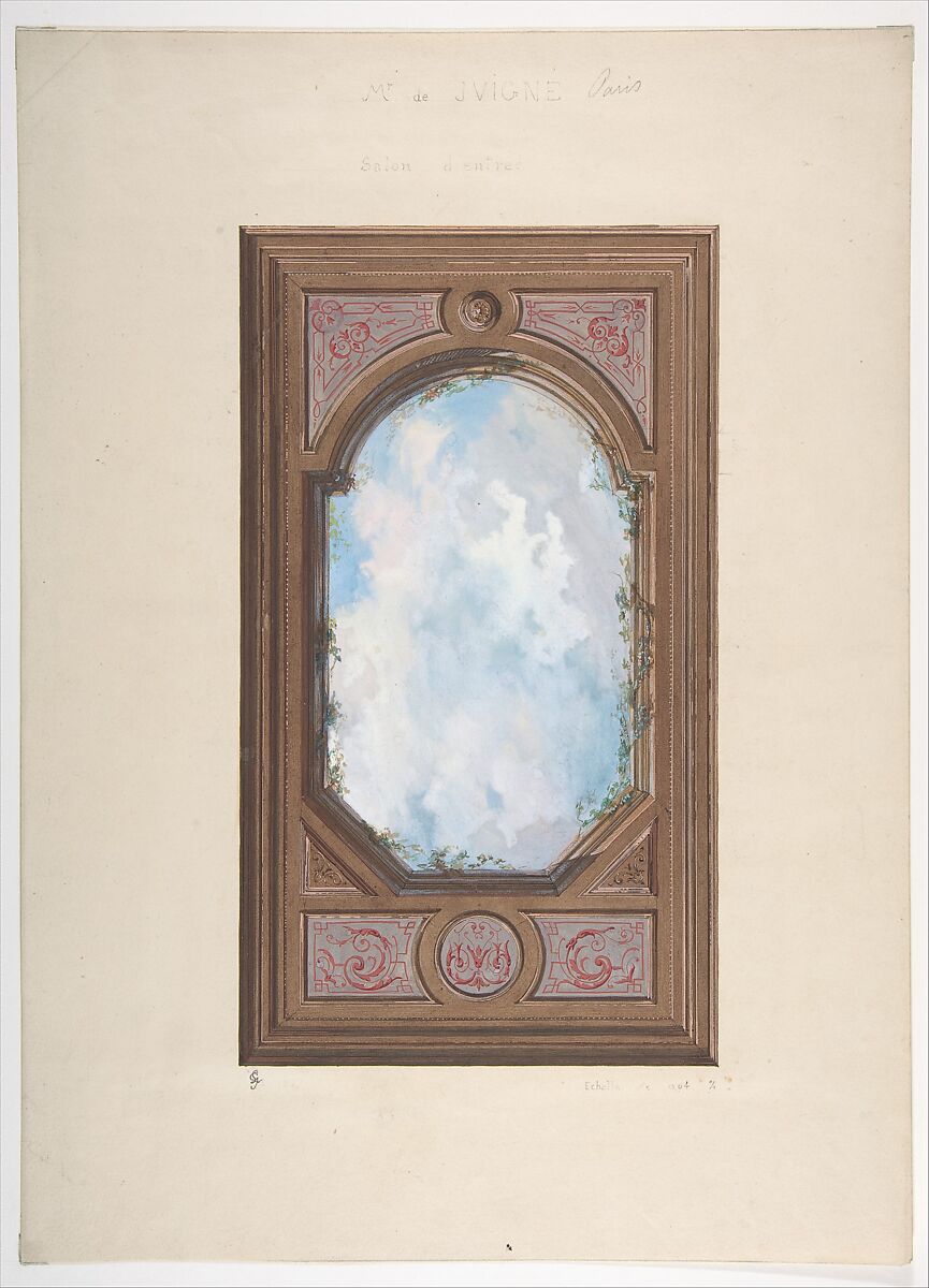 Ceiling design for Salon d'Entrée, Hôtel de Monsieur de Juigne, Paris, 1867, Jules-Edmond-Charles Lachaise (French, died 1897), Pen and brown ink, watercolor, and gouache 