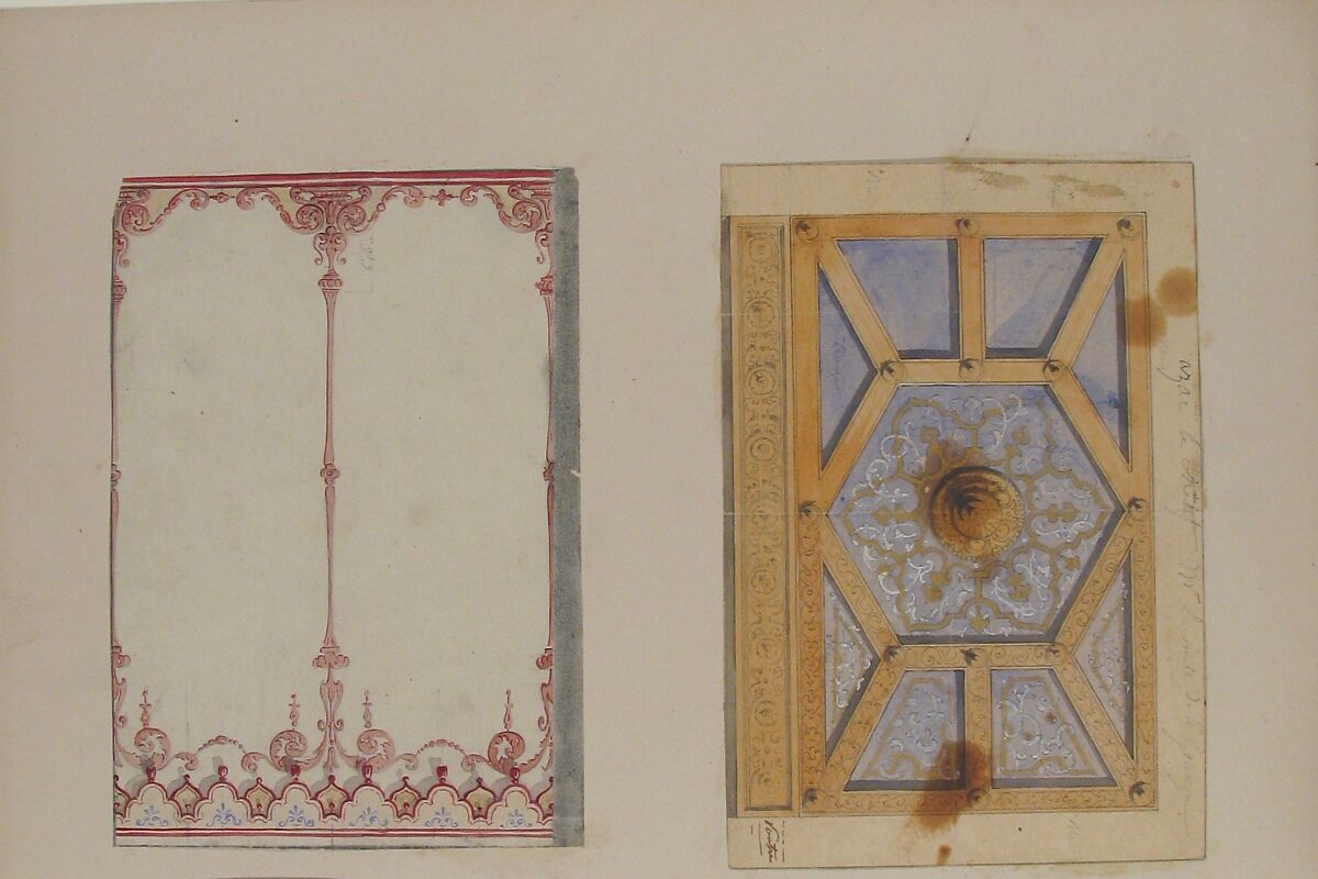 Designs for Ceiling and Wall Decoration for Monsieur Lecomte de la Grange, Jules-Edmond-Charles Lachaise (French, died 1897), Pen and black ink, graphite, watercolor, gouache, and gilt