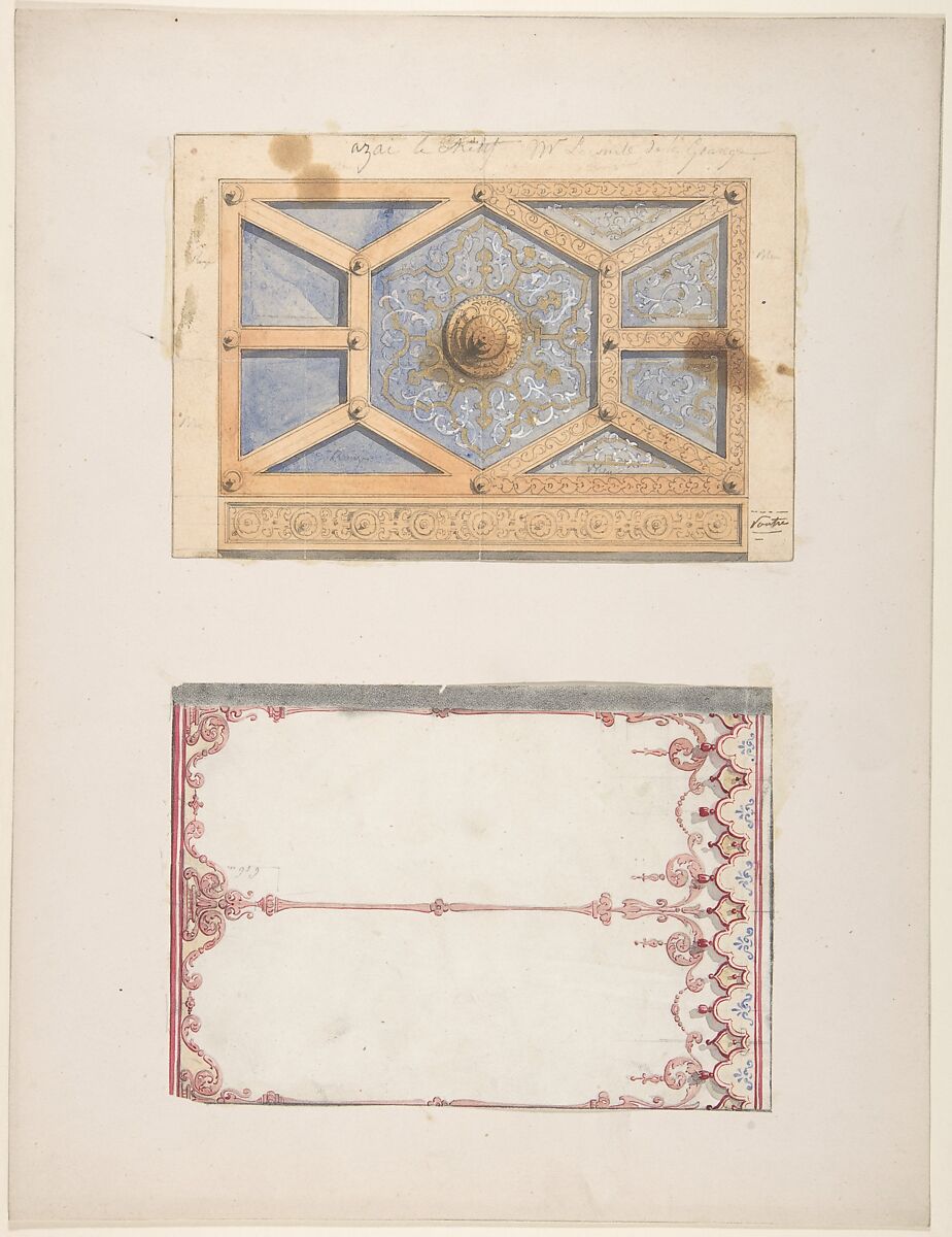 Designs for Ceiling and Wall Decoration for Monsieur Lecomte de la Grange, Jules-Edmond-Charles Lachaise (French, died 1897), Pen and black ink, graphite, watercolor, gouache, and gilt 