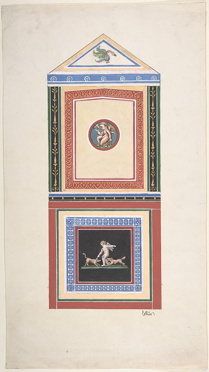 Design for Wall Decor Painted with Putti and Dogs, Attributed to Jules-Edmond-Charles Lachaise (French, died 1897), Gouache 