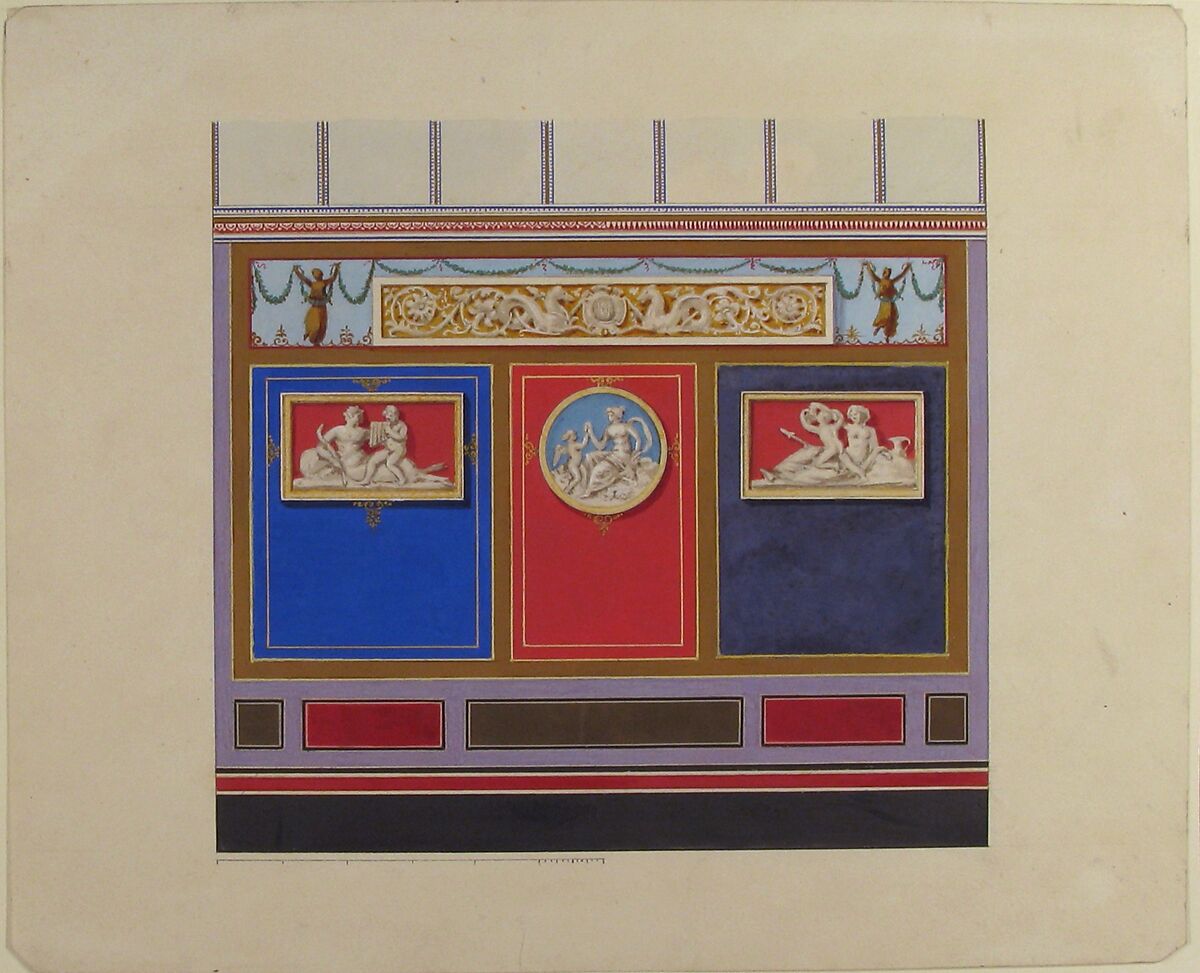 Painted Wall Decor Featuring Three Medallions, Attributed to Jules-Edmond-Charles Lachaise (French, died 1897), Pen and black ink, gouache