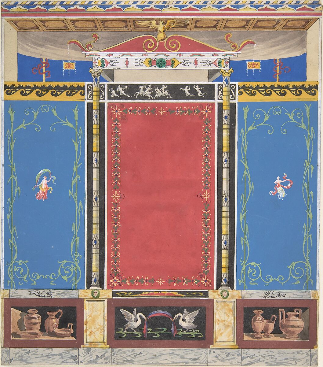 Painted Wall Decor Featuring Thin Column with a Pair of Swans and Trompe L'Oeil Vases at Base, Attributed to Jules-Edmond-Charles Lachaise (French, died 1897), Gouache, watercolor, pen and black ink 