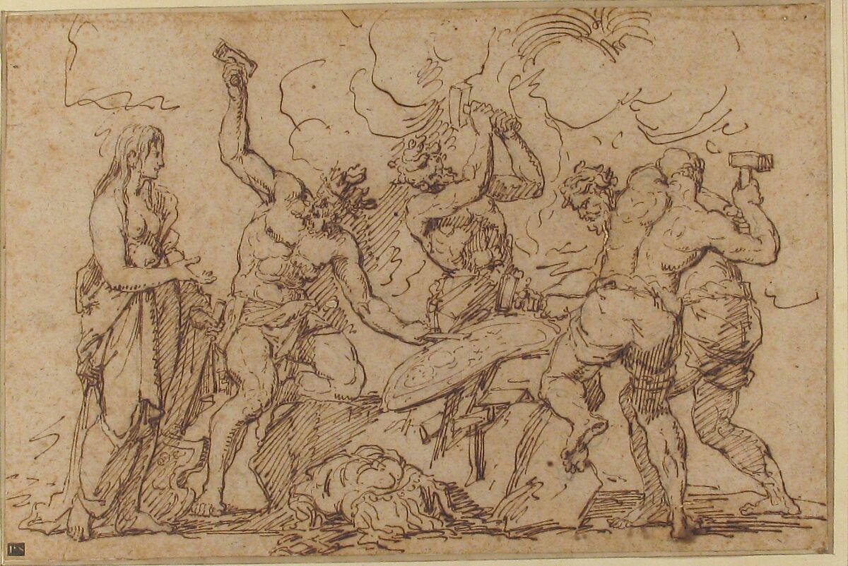 Venus Watching Vulcan and Cyclops Forge Armor for Mars, attributed to Raymond de La Fage (French, Lisle-sur-Tarn 1650–1684 Lyon), Pen and brown ink over black chalk