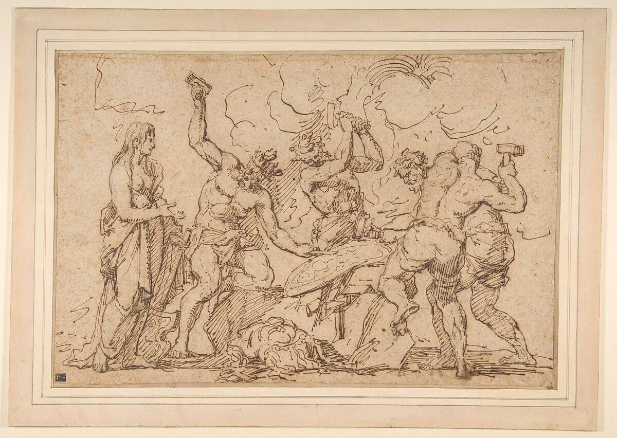 Venus Watching Vulcan and Cyclops Forge Armor for Mars, attributed to Raymond de La Fage (French, Lisle-sur-Tarn 1650–1684 Lyon), Pen and brown ink over black chalk 