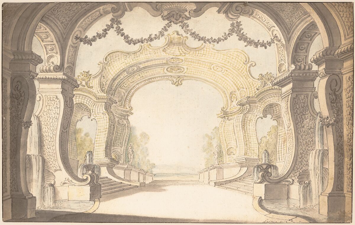 Study for a Stage Set, Jacques de Lajoüe (French, Paris 1686–1761 Paris), Pen and gray ink, brush and gray and colored wash over traces of black chalk and graphite