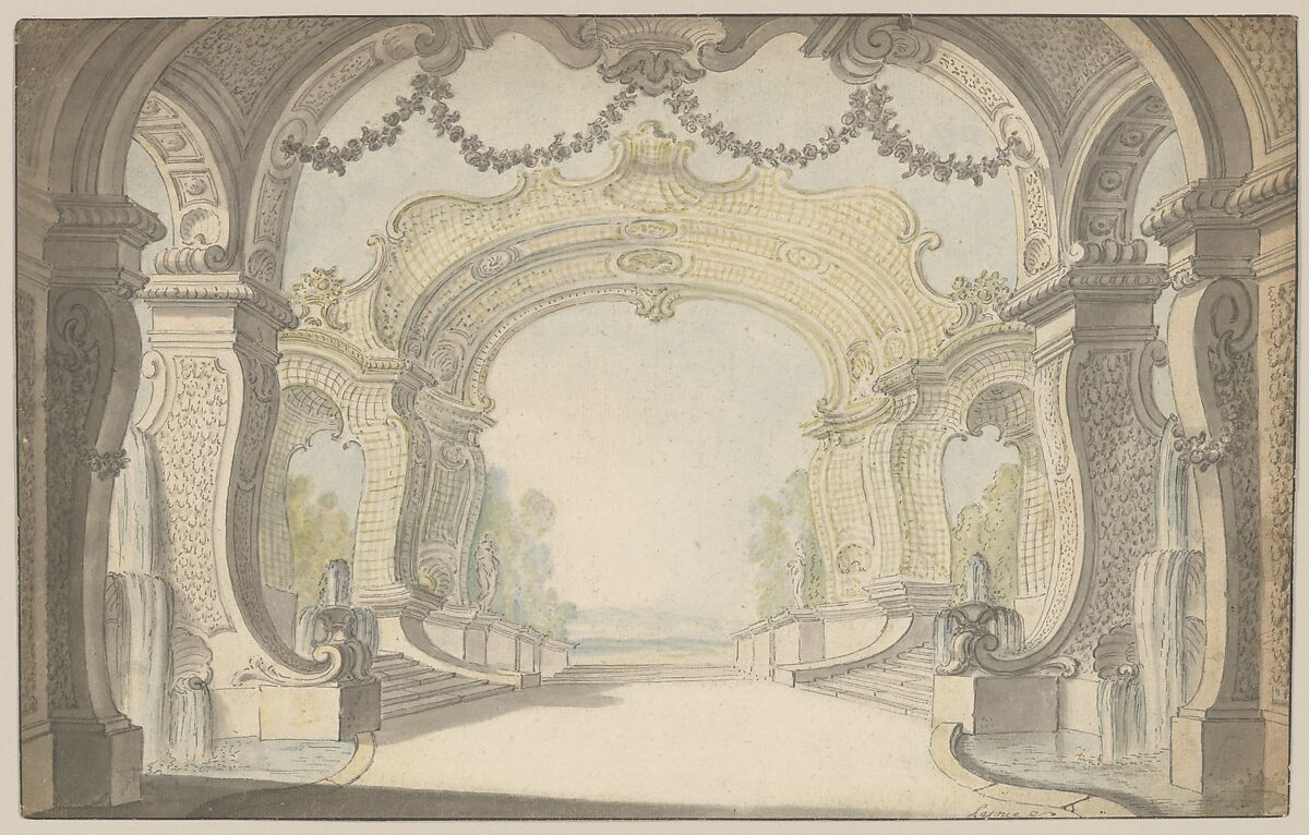 Study for a Stage Set, Jacques de Lajoüe (French, Paris 1686–1761 Paris), Pen and gray ink, brush and gray and colored wash over traces of black chalk and graphite