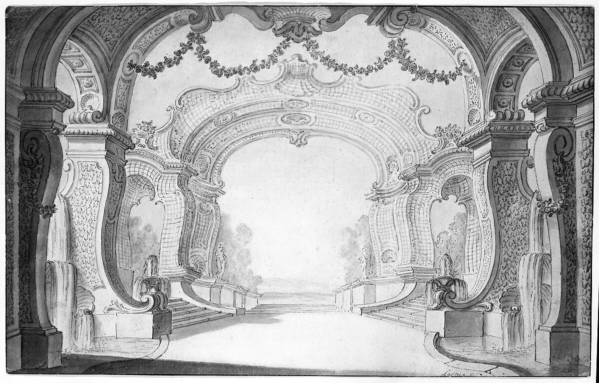 Study for a Stage Set, Jacques de Lajoüe (French, Paris 1686–1761 Paris), Pen and gray ink, brush and gray and colored wash over traces of black chalk and graphite