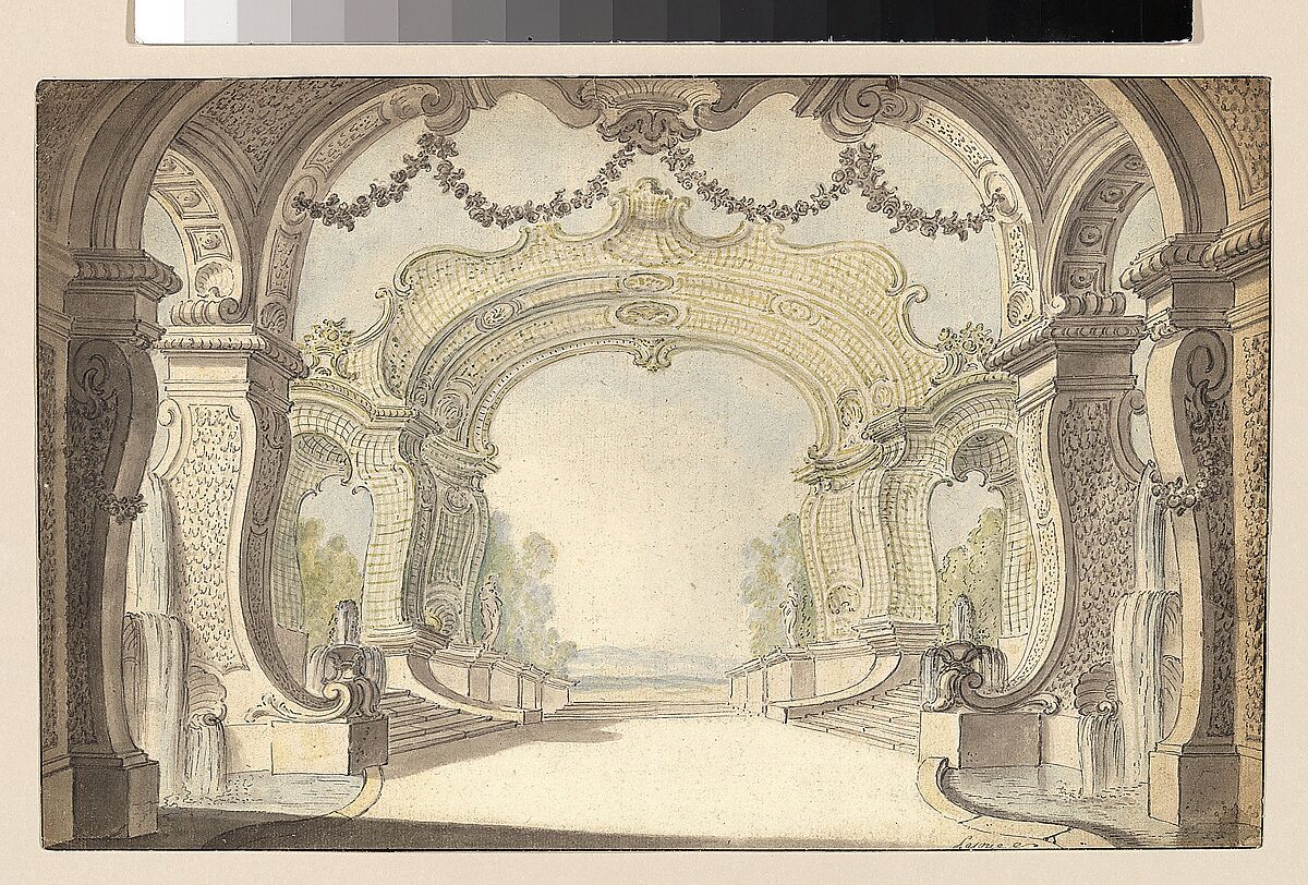 Study for a Stage Set, Jacques de Lajoüe (French, Paris 1686–1761 Paris), Pen and gray ink, brush and gray and colored wash over traces of black chalk and graphite