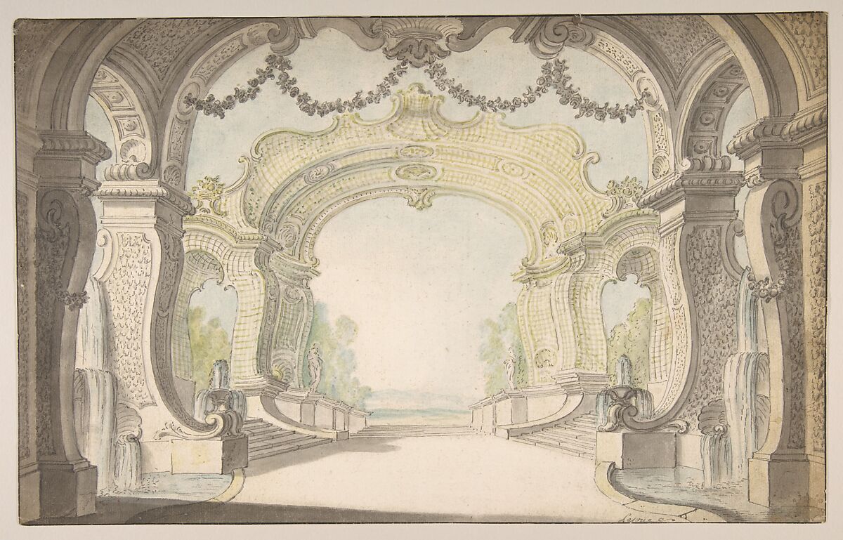 Study for a Stage Set, Jacques de Lajoüe (French, Paris 1686–1761 Paris), Pen and gray ink, brush and gray and colored wash over traces of black chalk and graphite 