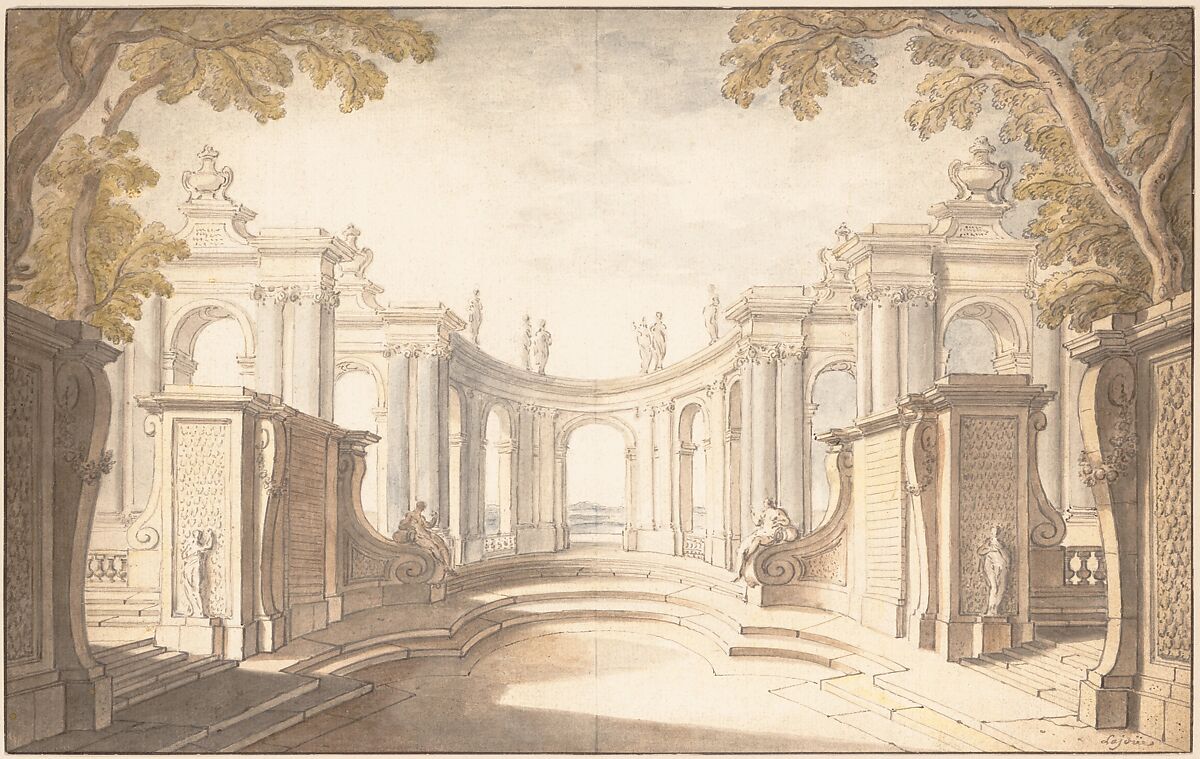 Study for a Stage Set, Jacques de Lajoüe (French, Paris 1686–1761 Paris), Pen and gray ink, brush and gray and colored  wash over traces of black chalk and graphite