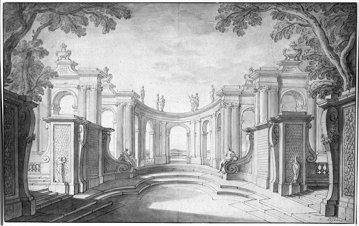 Study for a Stage Set, Jacques de Lajoüe (French, Paris 1686–1761 Paris), Pen and gray ink, brush and gray and colored  wash over traces of black chalk and graphite