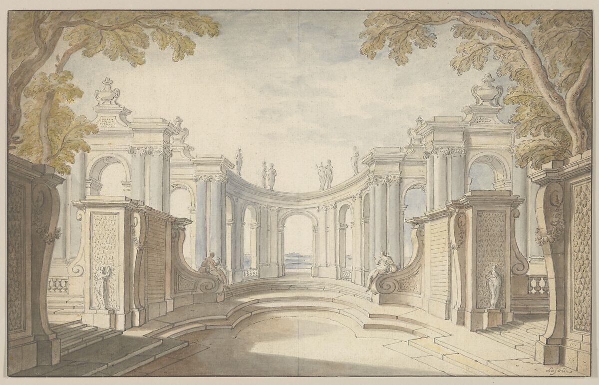 Study for a Stage Set, Jacques de Lajoüe (French, Paris 1686–1761 Paris), Pen and gray ink, brush and gray and colored  wash over traces of black chalk and graphite