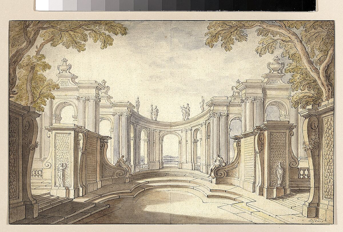 Study for a Stage Set, Jacques de Lajoüe (French, Paris 1686–1761 Paris), Pen and gray ink, brush and gray and colored  wash over traces of black chalk and graphite