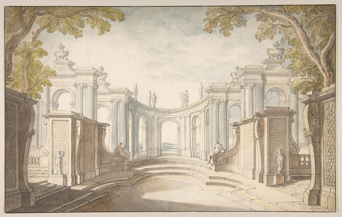 Study for a Stage Set, Jacques de Lajoüe  French, Pen and gray ink, brush and gray and colored  wash over traces of black chalk and graphite