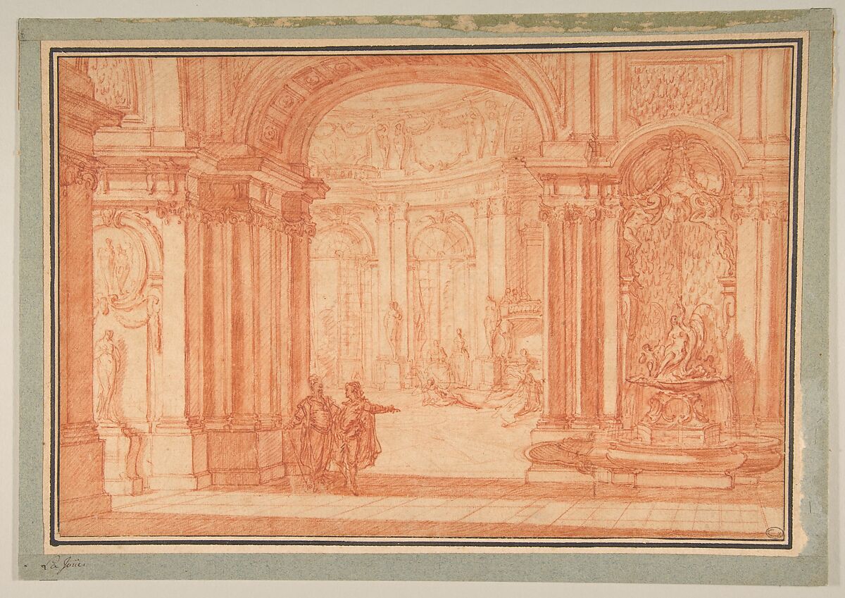 Study for the Rotunda of a Palace, Jacques de Lajoüe (French, Paris 1686–1761 Paris), Red chalk with red chalk wash, with framing lines in pen and black ink 