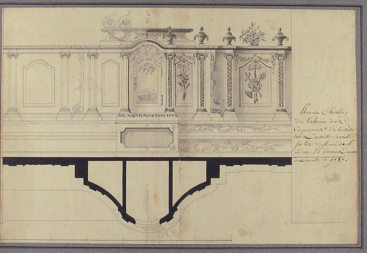 Plan and Elevation of the Capuchin Tabernacle of Luneville, Adrian La Touvenot (French, active 1787), Pen and black ink, brush and gray wash over graphite