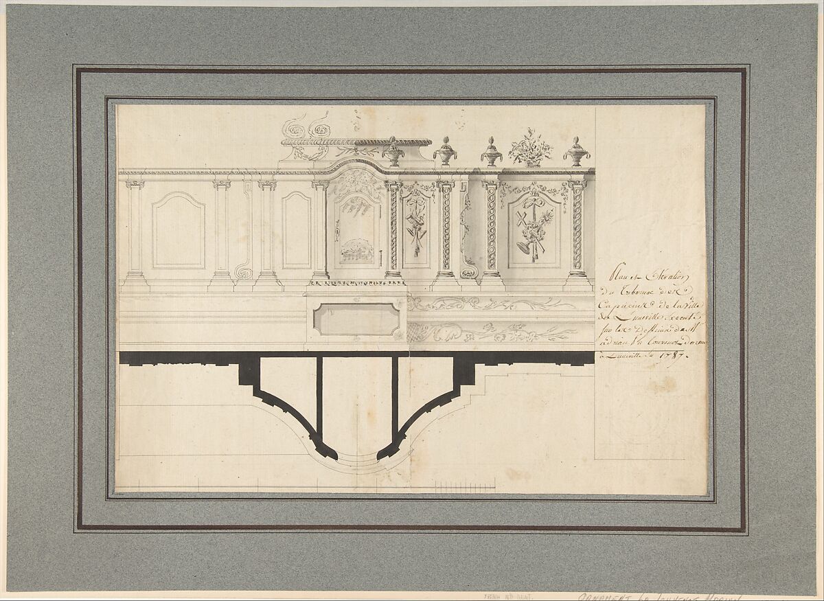 Plan and Elevation of the Capuchin Tabernacle of Luneville, Adrian La Touvenot (French, active 1787), Pen and black ink, brush and gray wash over graphite underdrawing. 