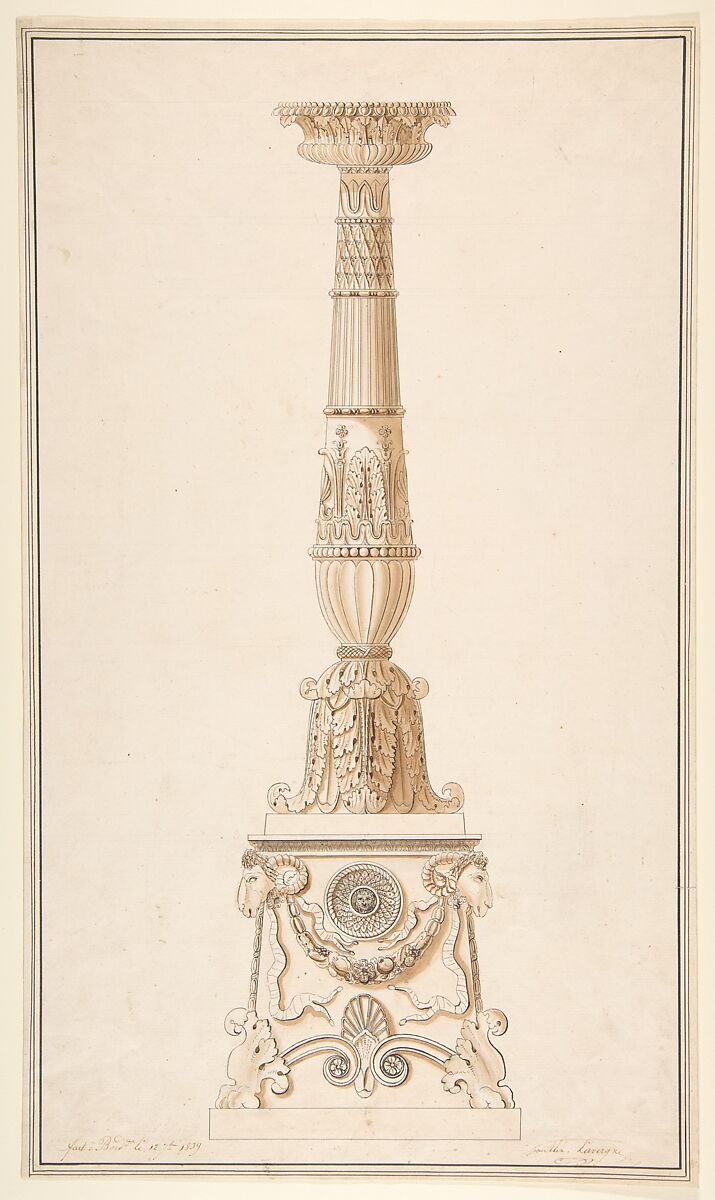 Design for a candlestick, Adolph-Jean LaVergne (French, 19th Century), Pen and black ink, brush and brown wash