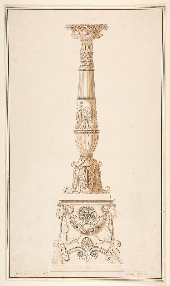 Design for a candlestick, Adolph-Jean LaVergne (French, 19th Century), Pen and black ink, brush and brown wash 