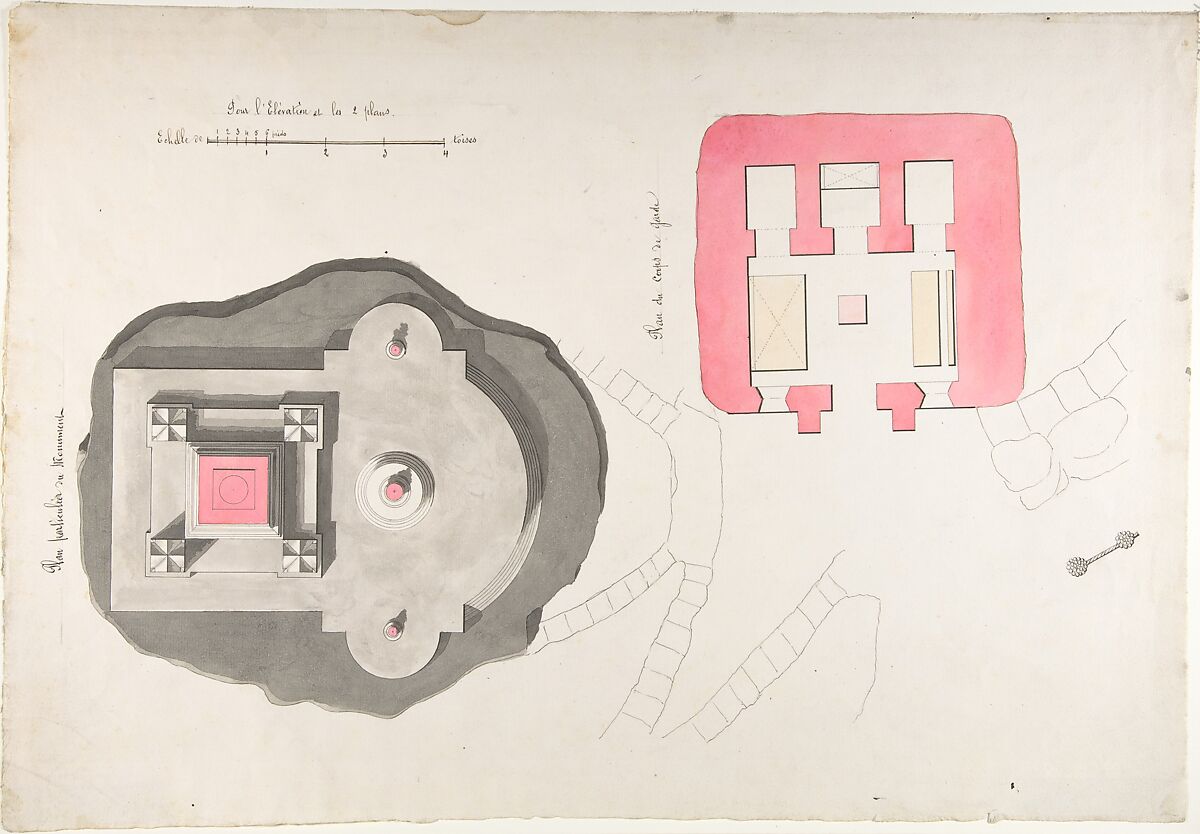 Project for the Monument de la Montagne, Orléans, Claude Mathieu Delagardette (French, 1765–1805), Pen and black ink, brush and gray, pink and pale yellow wash, over graphite underdrawing 