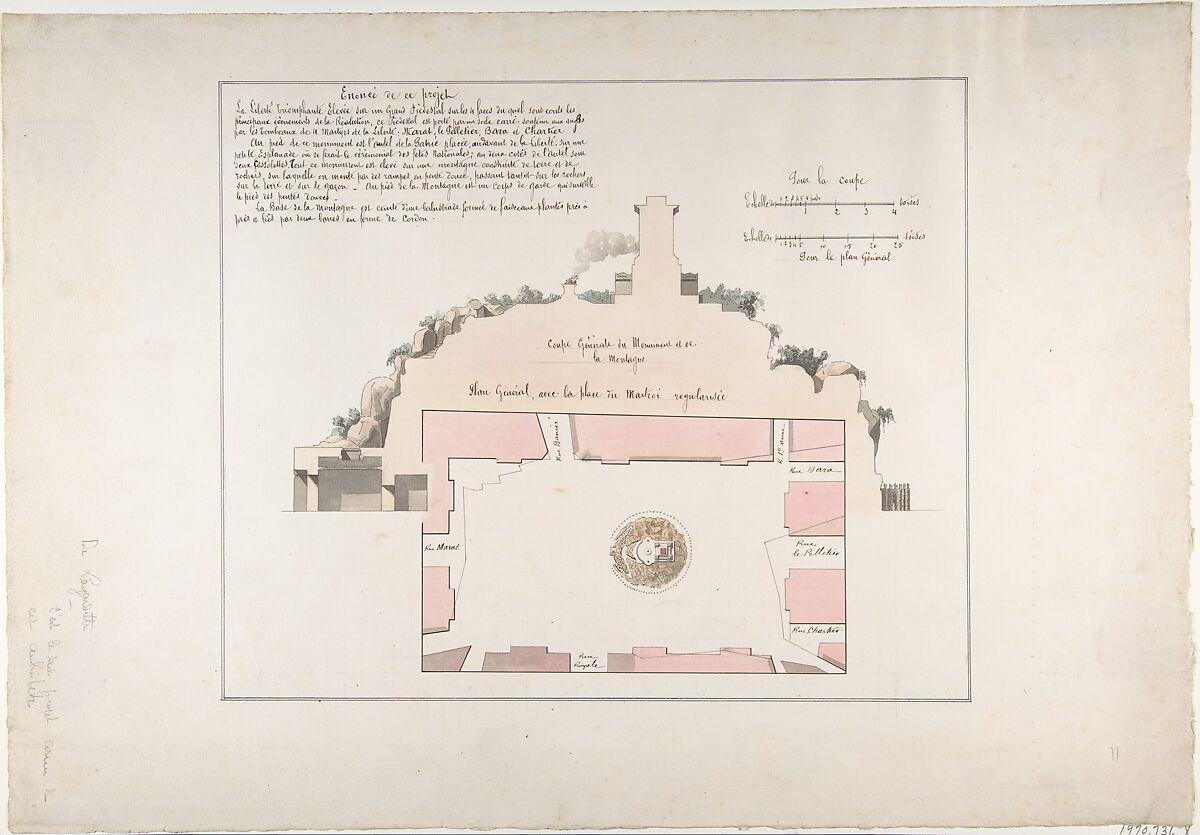 Project for the Monument de la Montagne, Orléans, Claude Mathieu Delagardette (French, 1765–1805), Pen and black ink, brush and pink, gray, blue and peach wash, over graphite underdrawing 