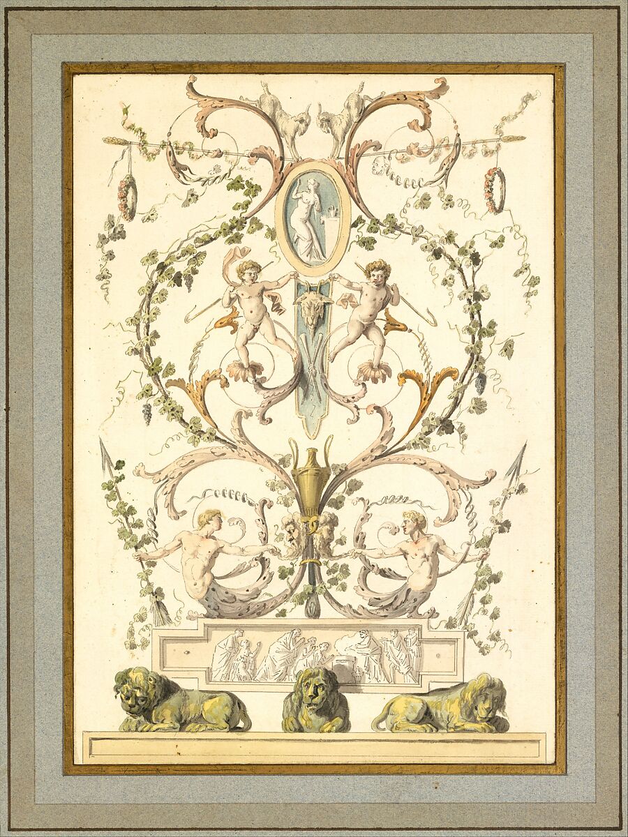 Design for an Arabesque, Etienne de Lavallée-Poussin (French, Rouen 1733–1793 Paris), Pen and gray and brown ink, brush and colored wash