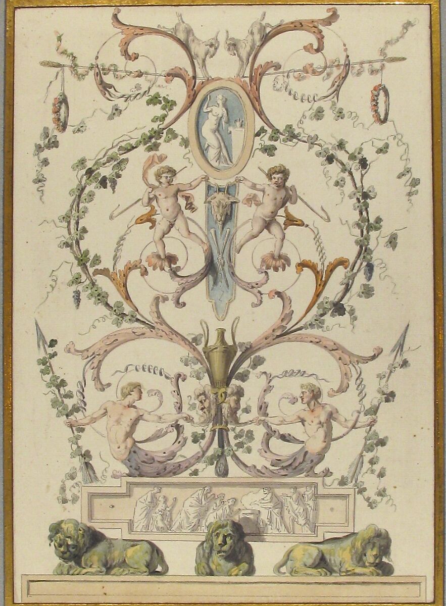 Design for an Arabesque, Etienne de Lavallée-Poussin (French, Rouen 1733–1793 Paris), Pen and gray and brown ink, brush and colored wash