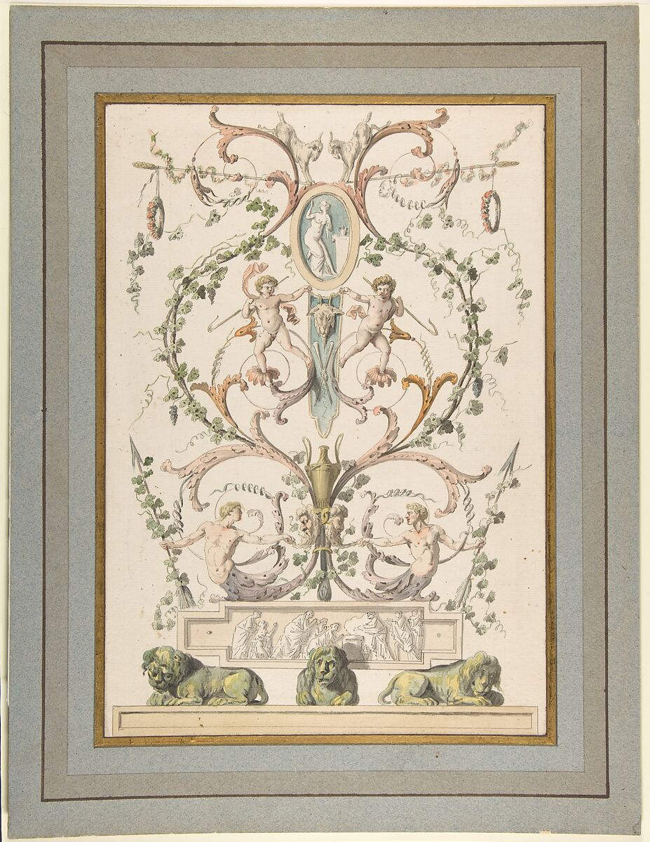 Design for an Arabesque, Etienne de Lavallée-Poussin (French, Rouen 1733–1793 Paris), Pen and gray and brown ink, brush and colored wash 