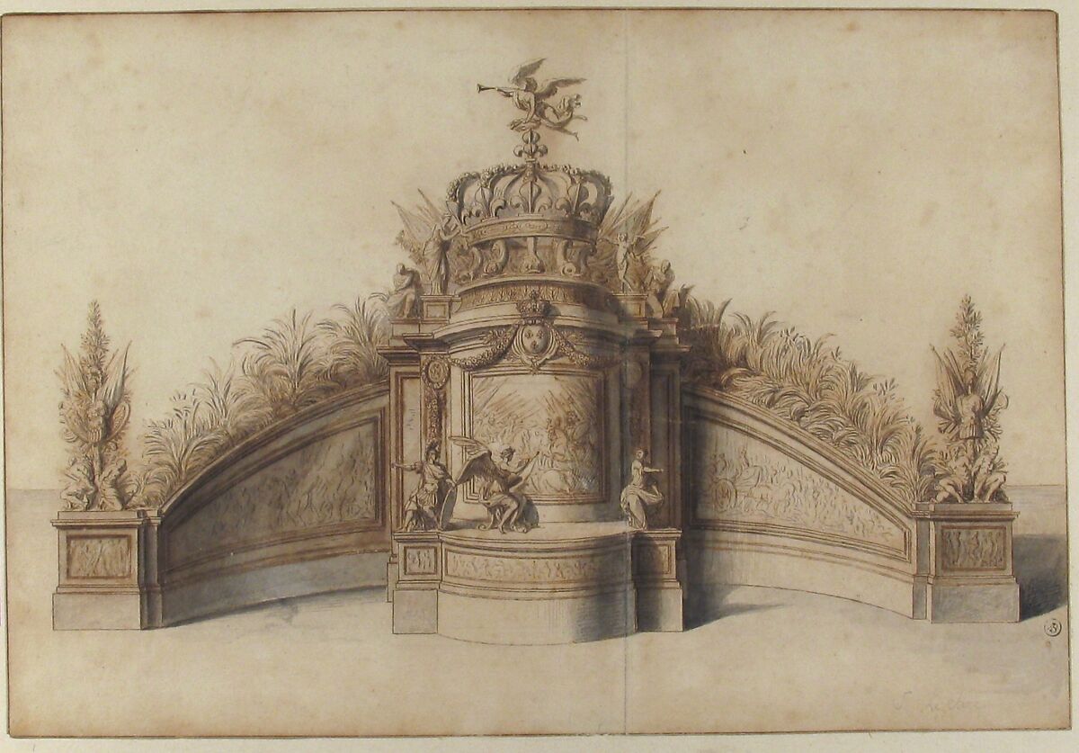 Design for Garden Architecture, Sébastien Leclerc I (French, Metz 1637–1714 Paris), Pen and brown and black ink, brush and gray wash, over traces of graphite; framing lines in pen and brown ink